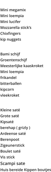 Fingerfood. Mini megamix Mini loempia Mini lucifer Mozzarella sticks Chixfingers kip nuggets Vegan food. Bami schijf Groentenschijf Meesterlijke kaaskroket Mini loempia frikandel bitterballen  kipcorn vleekroket Sat food. Kleine sat Grote sat Kipsat berehap ( grizly ) Ardeense sat Berenpoot Zigeunerstick Boulet sat Vis stick Scampi sate Huis bereide Kippen boutjes